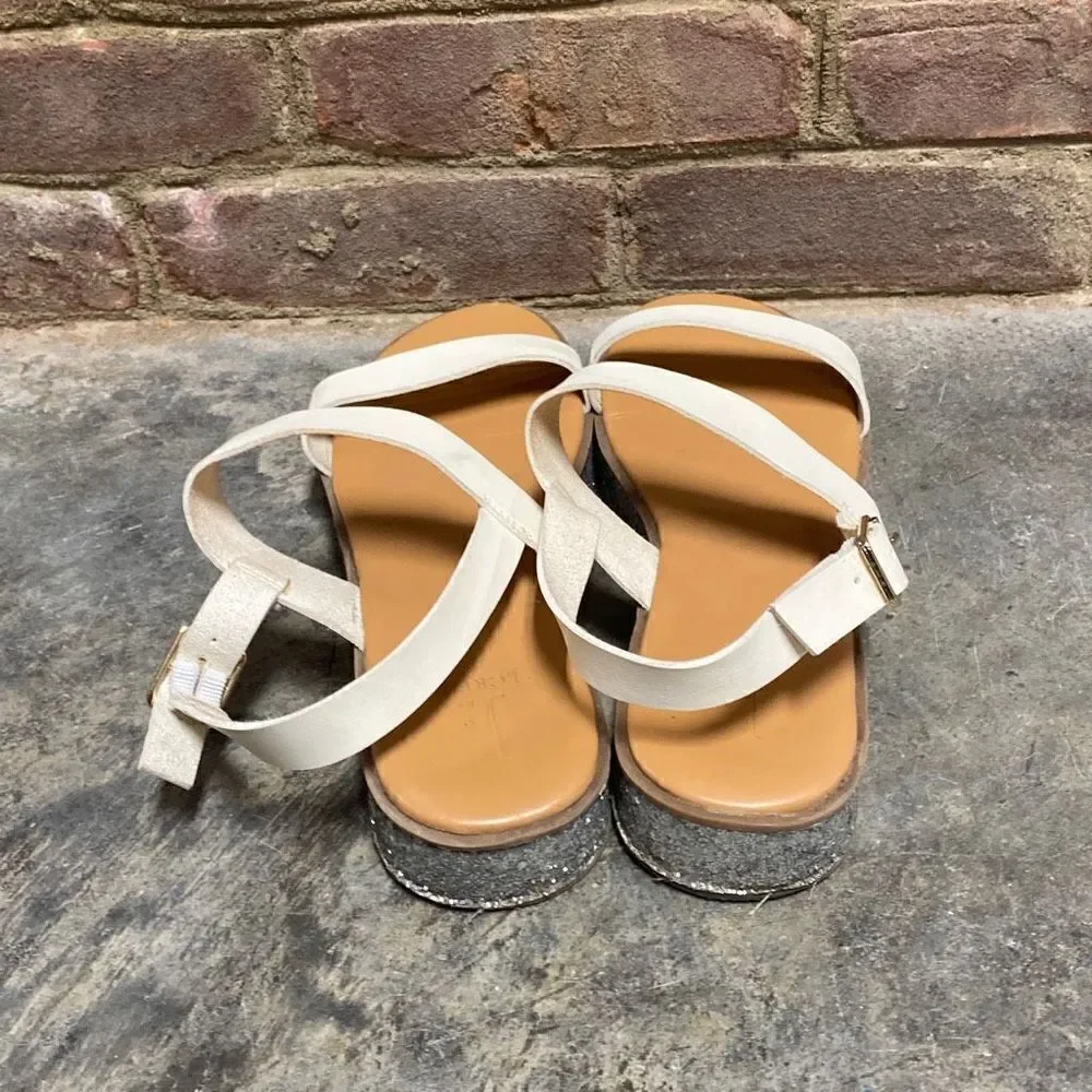 J. Crew Jessa Leather Ivory Glitter Platform Sandals  Size 11